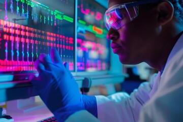 Scientist analyzing dna sequencing data in futuristic lab