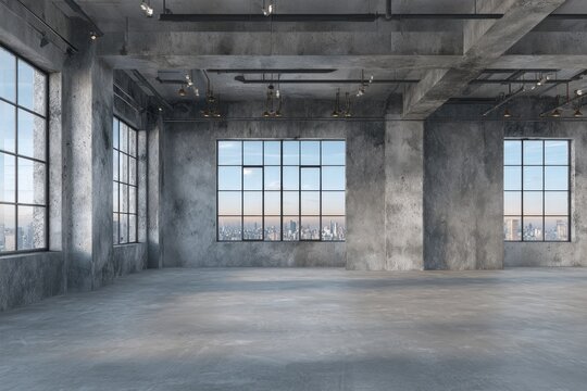 Empty, open-plan interior with large windows, exposed concrete, and a city skyline view - Powered by Adobe