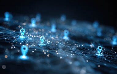 Conceptual image of digital location markers interconnected with lines on a dark background