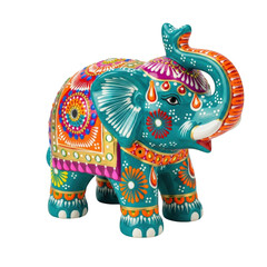 Fototapeta premium Intricately Decorated Indian Elephant Statue with Vibrant Colors Isolated on Black Background