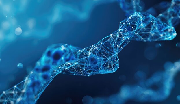 Abstract blue design showing a network of connected lines and dots resembling a helix