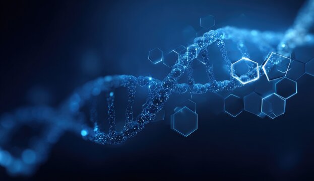 A digital render of a glowing DNA helix, surrounded by floating geometric hexagonal shapes