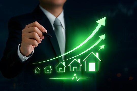 Businessman drawing a glowing green graph showing upward trend with houses and heartbeat line, symbolizing real estate growth and investment success on a dark background