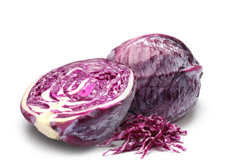 Fototapeta premium Fresh ripe red cabbage isolated on white. Whole and sliced