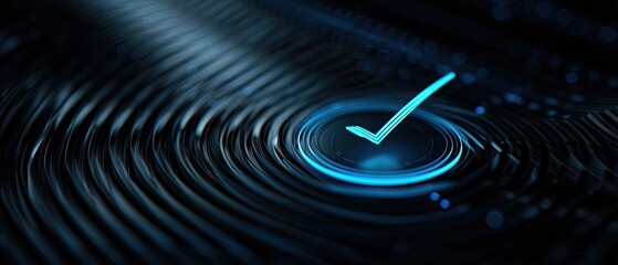 A glowing, neon checkmark in a circle, set against a textured, rippling blue and black background