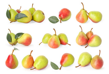 Fresh sweet pears isolated on white, set