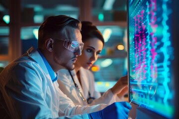 Scientists analyzing genetic data on vibrant futuristic screen