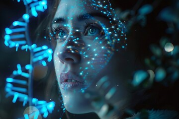 Woman projecting digital dna structure on face