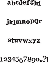 Wonky Glitch Distressed Typewriter typography font lettering ABC cartoon vector text