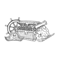 Treasure Island. Black and white graphics, hand-drawn vector illustrations. Medieval sea voyage. Pirate theme. For children s games and celebrations. For stickers, posters, banners, and more.