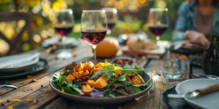 warm pumpkin salad with red wine on autumn table