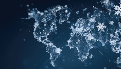 A digital illustration depicting the world map formed by interconnected, glowing lines with snowflakes