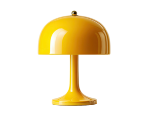 A vibrant, yellow table lamp with a rounded shade and a sleek, modern design against a dark background