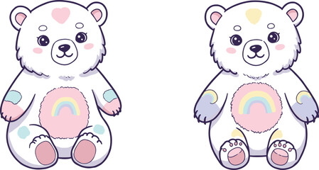 Rainbow teddy bear illustration, pastel cartoon bear mascot, colorful patchwork teddy, whimsical animal artwork, vector cartoon, playful fantasy design