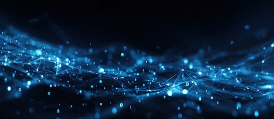 Abstract depiction of interconnected network; luminous nodes, lines, and particles, blue color, dark background