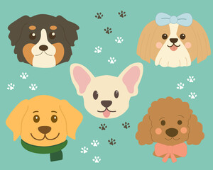 A set of illustrations featuring pets. A sticker set featuring the heads of beloved dogs. Cute pets of different breeds, perfect for icons, stickers, backgrounds, children's books, and postcards.
