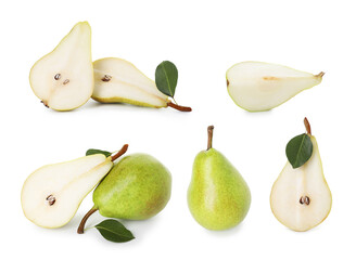 Fresh green pears isolated on white, set. Whole and sliced