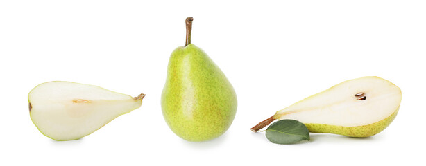 Fresh green pears isolated on white, set. Whole and sliced