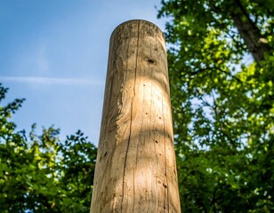Wooden post in sunlit forest