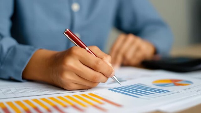 A person is engaged in detailed data analysis, using charts and graphs at their workspace, highlighting the importance of data-driven decision making in business.