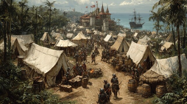 Spanish conquistador encampment on tropical coast with galleon and fortress.