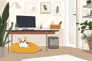 Minimalist home office setup shows a small dog comfortably resting in a yellow pet bed beside a desk with a computer and plants