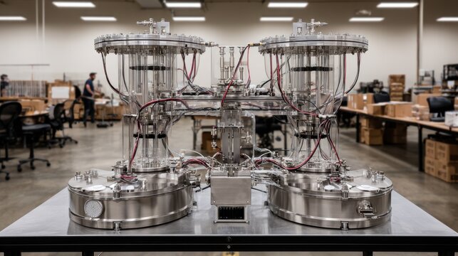 Detailed medium shot of an adaptive and modular fixture system emphasizing its creative engineering for improved operational efficiency with a softly blurred workspace behind.