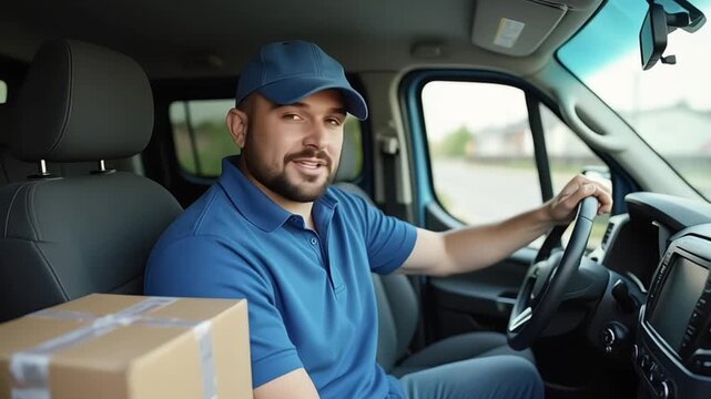 Delivery driver in a van with a package ready for shipping to a customer