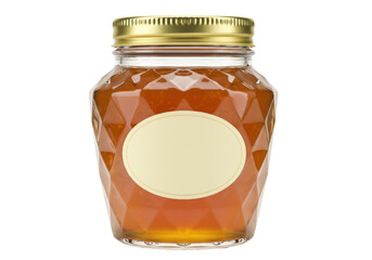 Amber jam in a faceted glass jar isolated, golden lid and blank label for branding and product presentation
