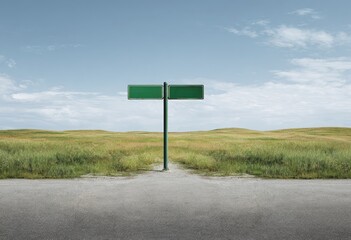 A blank, green street sign stands center stage against a backdrop of a grassy field and blue sky