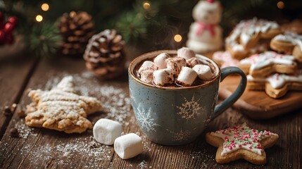 Hot chocolate with marshmallows and Christmas cookies