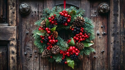 Traditional Christmas wreath on wooden door