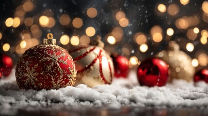 Christmas ornaments in snow with golden bokeh lights
