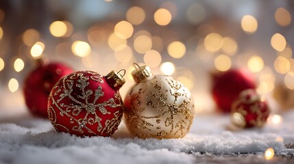 Christmas ornaments in snow with golden bokeh lights
