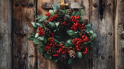 Traditional Christmas wreath on wooden door