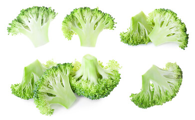 Fresh broccoli florets isolated on white, set
