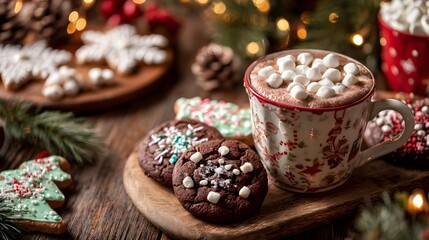 Hot chocolate with marshmallows and Christmas cookies