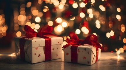 Christmas gifts with red ribbon under festive lights