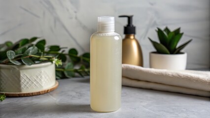 Clear bottle with liquid surrounded by natural elements and stylish containers