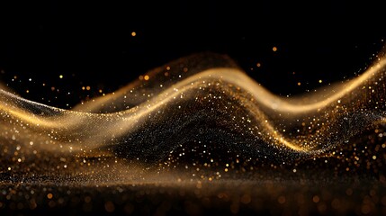 Golden abstract wave of glowing particles on black background
