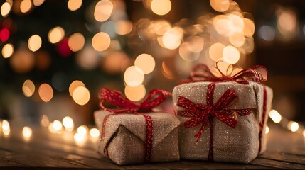 Christmas gifts with red ribbon under festive lights