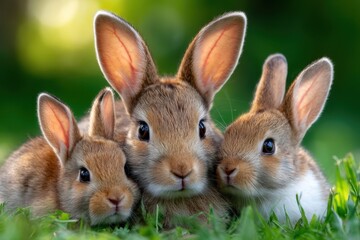Fototapeta premium Four adorable rabbits play and interact in a lush green meadow during sunny daytime