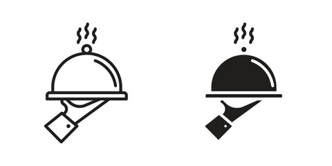 Hand holding tray icon outline illustration sign