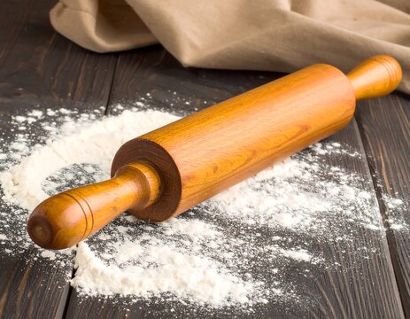 Wooden rolling pin on a dark wooden surface dusted with flour