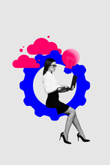 Poster image vertical photo collage of happy businesswoman freelancer surf laptop light bulb idea progress chart development
