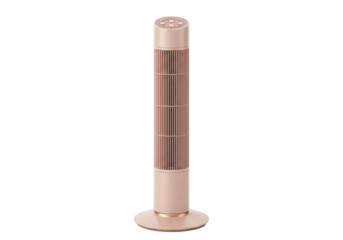 Modern tower fan isolated on white, bladeless cooling appliance for home or office use in PNG format