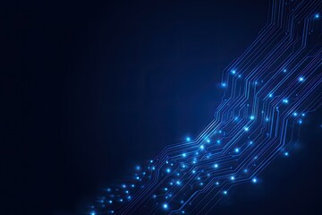 Abstract digital illustration of circuit board lines and glowing nodes on dark blue backdrop