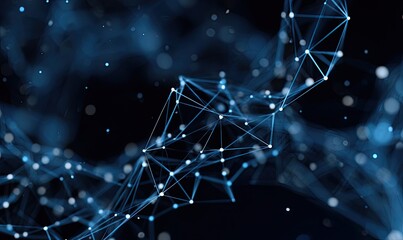 Abstract blue digital network of interconnected points and lines with depth of field