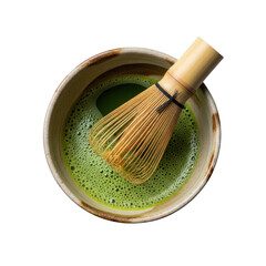 Traditional Matcha Green Tea Bowl with Bamboo Whisk on Black Background