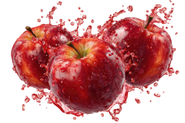 Three crisp, red fruits burst with juicy, liquid spray, showcasing natural freshness